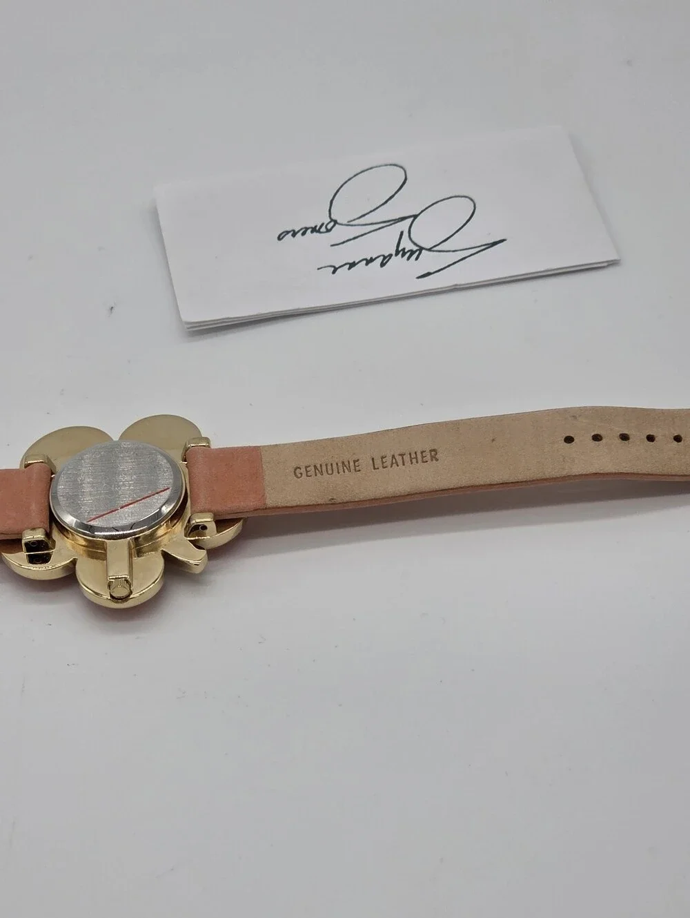 Suzanne Somers Flower Watch Pink Leather Strap Gold Tone Rhinestone Women's
